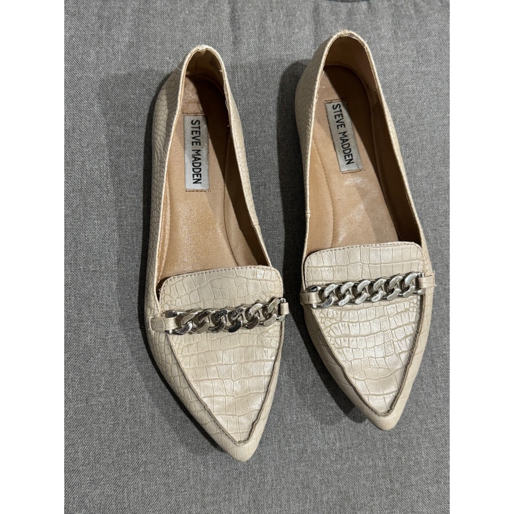 Steve Madden Farrell Taupe Croco Pointed Toe Chain Flats Loafers Womens 7.5